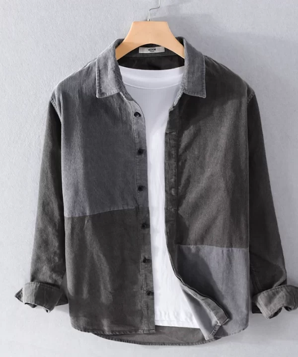 Mens Retro Patchwork Corduroy Casual Shirt Cotton Spring Autumn Full Sleeve