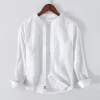 Mens Retro Striped Cotton Long Sleeve Stand Collar Casual Shirt