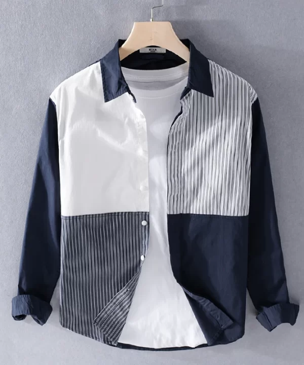 Mens Cotton Patchwork Casual Long Sleeve Shirt Office