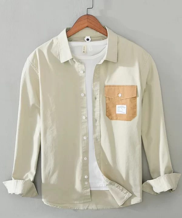 Mens Cotton Long Sleeve Casual Shirt White Trendy Turn-Down Collar