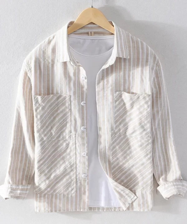 Mens Italian Beige Striped Long Sleeve Shirt Cotton Linen Breathable