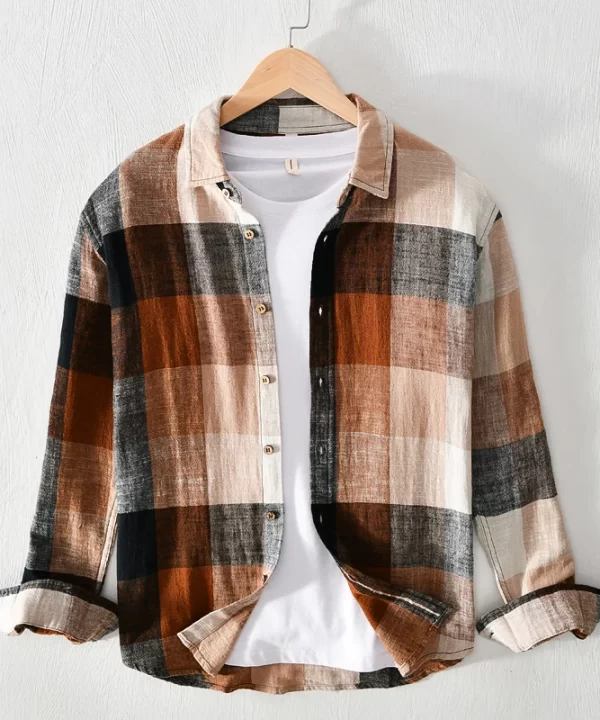 Mens Italian Style Plaid Long Sleeve Casual Cotton Linen Shirt