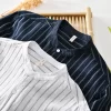 Mens Casual Striped Stand Collar Long Sleeve Linen Cotton Blend Shirt