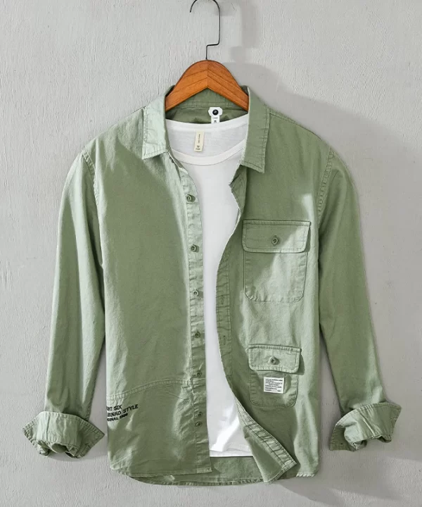 Cotton Mens Long Sleeve Army Green Casual Pocket Shirt Trendy Daily