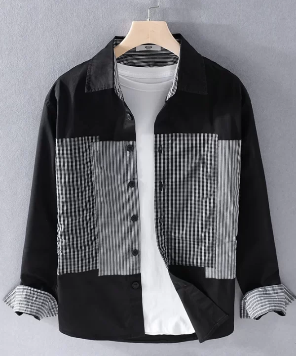 Mens Cotton Plaid Stitch Casual Shirt Full Sleeve Turn-Down Collar Office All-Season