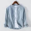 Mens Retro Striped Cotton Long Sleeve Stand Collar Casual Shirt