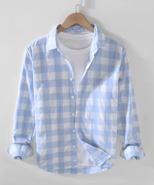 Mens Cotton Plaid Long Sleeve Casual Shirt Gray Office Four Seasons