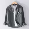 Mens Cotton Long Sleeve Solid Square Collar Casual Shirt Trendy Comfortable