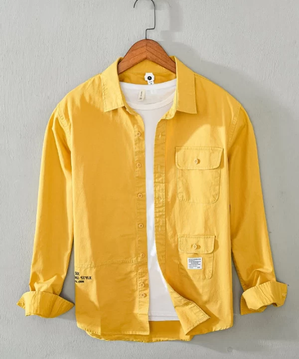 Cotton Mens Long Sleeve Army Green Casual Pocket Shirt Trendy Daily