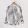 Mens Casual Striped Linen Cotton Long Sleeve Stand Collar Single Breasted Shirt