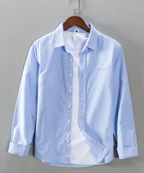Mens Trendy Cotton Long Sleeve Solid Blue Oxford Casual Shirt