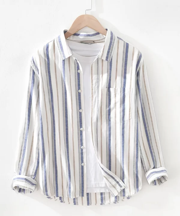 Mens Italian Striped Long Sleeve Casual Shirt Linen Cotton Blend Single Breasted