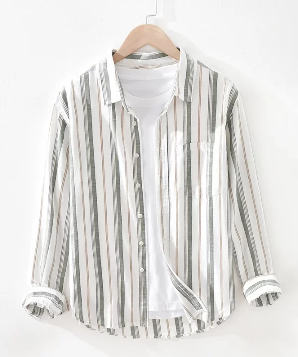Mens Italian Striped Long Sleeve Casual Shirt Linen Cotton Blend Single Breasted