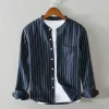 Mens Casual Striped Stand Collar Long Sleeve Linen Cotton Blend Shirt
