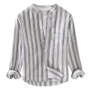 Mens Casual Striped Linen Cotton Long Sleeve Stand Collar Single Breasted Shirt