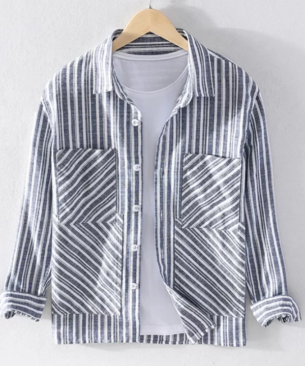 Mens Italian Beige Striped Long Sleeve Shirt Cotton Linen Breathable