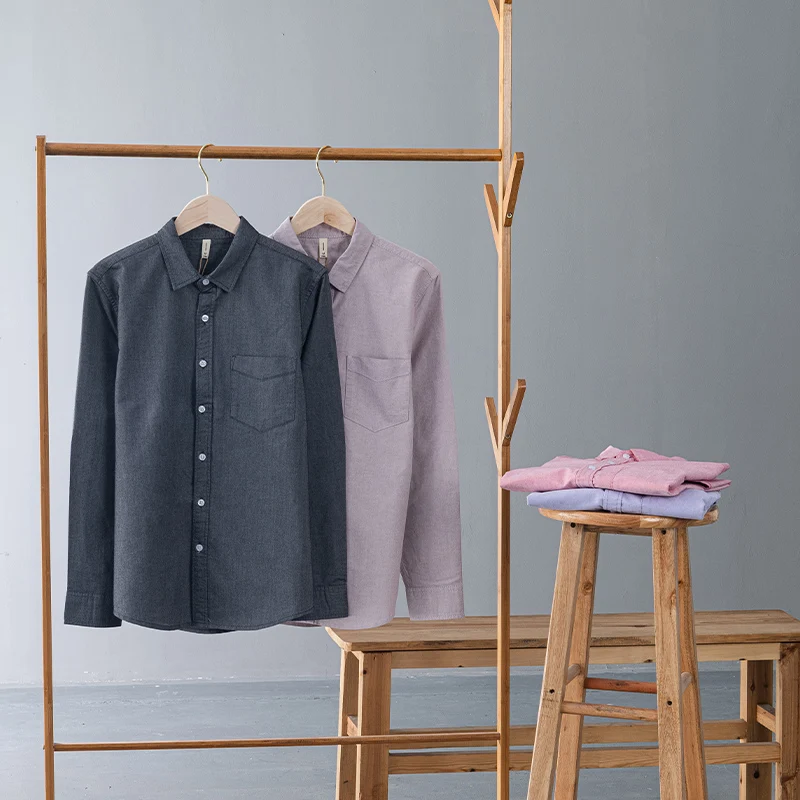 Mens Cotton Oxford Long Sleeve Casual Shirt Solid Four Season TurnDown Collar