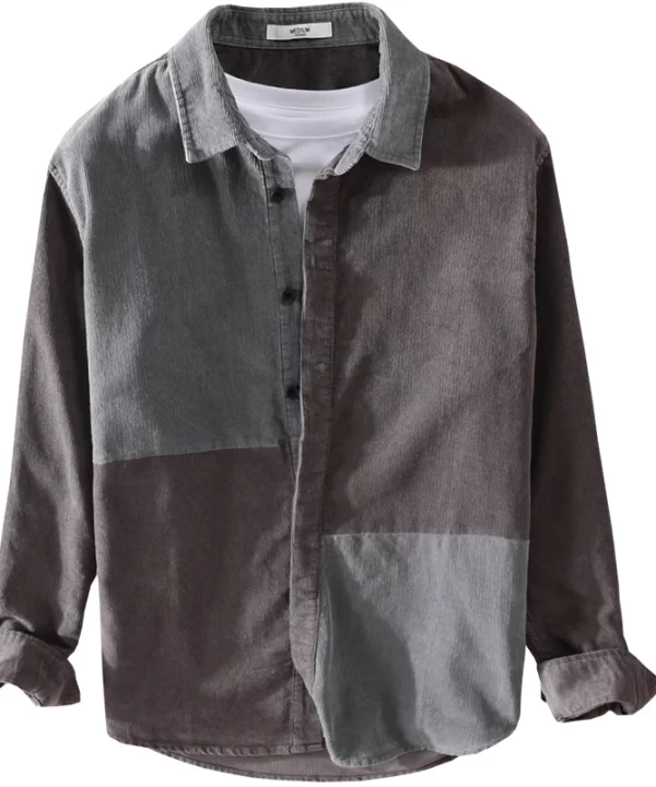 Mens Retro Patchwork Corduroy Casual Shirt Cotton Spring Autumn Full Sleeve