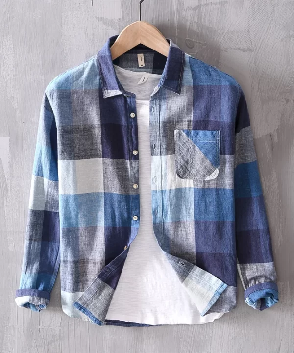 Mens Plaid Long Sleeve Cotton Linen Breathable Casual Office Four Seasons Shirt