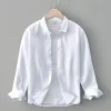 Mens Casual Cotton Linen Long Sleeve Shirt Solid Square Collar