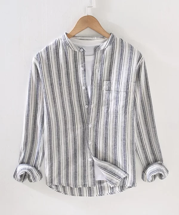 Mens Casual Striped Linen Cotton Long Sleeve Stand Collar Single Breasted Shirt