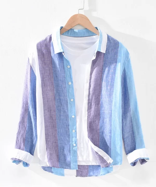 Mens Linen Long Sleeve Striped Casual Shirt Comfortable Turn Down Collar