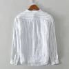 Mens Casual Striped Stand Collar Long Sleeve Linen Cotton Blend Shirt