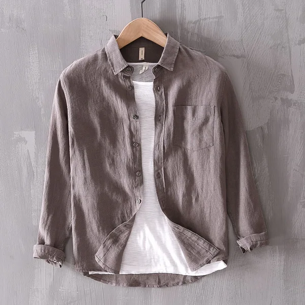 Mens Linen Casual Shirt Four Seasons Square Collar Full Sleeve