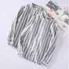 Mens Casual Striped Linen Cotton Long Sleeve Stand Collar Single Breasted Shirt