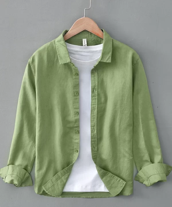 Mens Casual Cotton Linen Long Sleeve Shirt Solid Square Collar