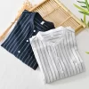 Mens Casual Striped Stand Collar Long Sleeve Linen Cotton Blend Shirt