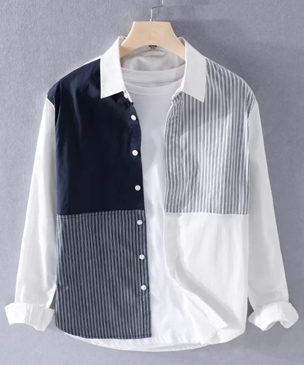 Mens Cotton Patchwork Casual Long Sleeve Shirt Office