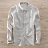 Mens Linen Long Sleeve Casual Shirt Solid Square Collar Single Breasted Office