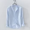 Mens Slim Fit Mandarin Collar Linen Cotton Long Sleeve Shirt Office