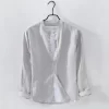 Mens Slim Fit Mandarin Collar Linen Cotton Long Sleeve Shirt Office