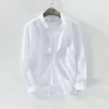 Mens Casual Long Sleeve Linen Cotton Solid Shirt Turn Down Collar