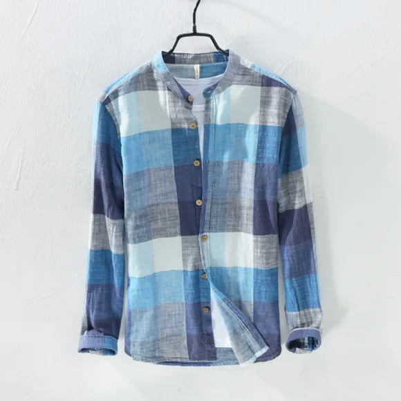 Mens Retro Plaid Long Sleeve Linen Cotton Casual Shirt Stand Collar Single Breasted