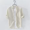 Mens Slim Fit Mandarin Collar Linen Cotton Long Sleeve Shirt Office