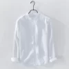 Mens Slim Fit Mandarin Collar Linen Cotton Long Sleeve Shirt Office