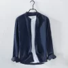 Mens Slim Fit Mandarin Collar Linen Cotton Long Sleeve Shirt Office