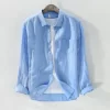 Mens Casual Long Sleeve Linen Cotton Solid Shirt Turn Down Collar