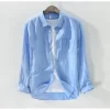Mens Casual Long Sleeve Linen Cotton Solid Shirt Turn Down Collar