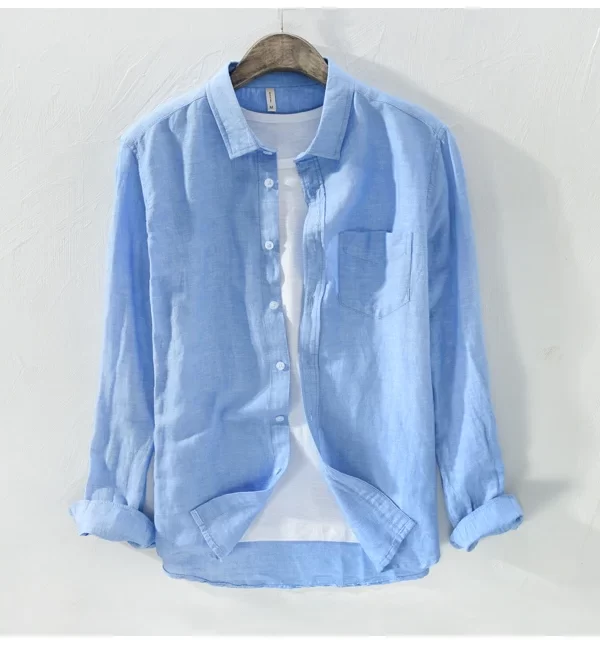 Mens Casual Long Sleeve Linen Cotton Solid Shirt Turn Down Collar