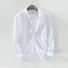 Mens Casual Long Sleeve Linen Cotton Solid Shirt Turn Down Collar
