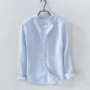 Mens Slim Fit Mandarin Collar Linen Cotton Long Sleeve Shirt Office