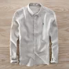 Mens Linen Long Sleeve Casual Shirt Solid Square Collar Single Breasted Office