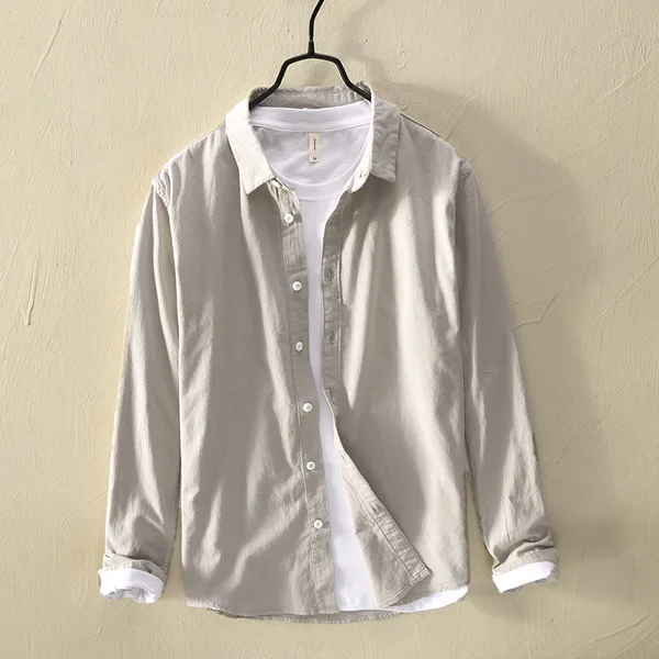 Mens Cotton Long Sleeve Casual Turn - Down Collar Solid Shirt All Seasons