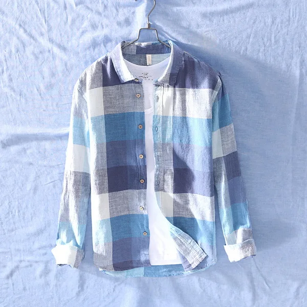 Mens Italian Style Plaid Long Sleeve Casual Cotton Linen Shirt