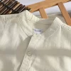 Mens Slim Fit Mandarin Collar Linen Cotton Long Sleeve Shirt Office