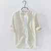 Mens Slim Fit Mandarin Collar Linen Cotton Long Sleeve Shirt Office